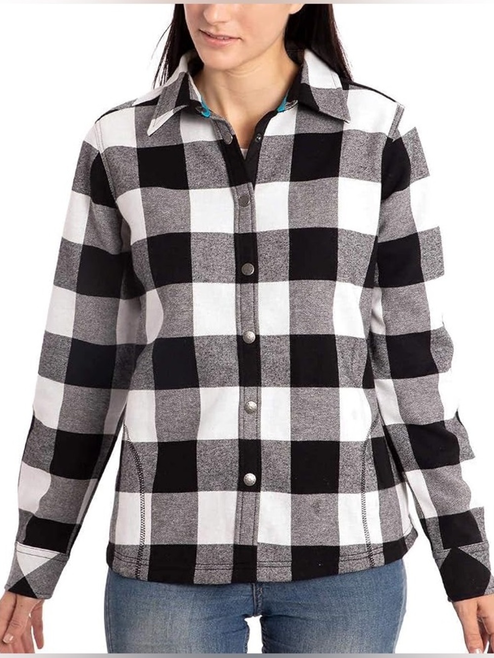 💜Orvis Women Plaid Fleece Jacket Lined Flannel Shacket Black White S EUC
